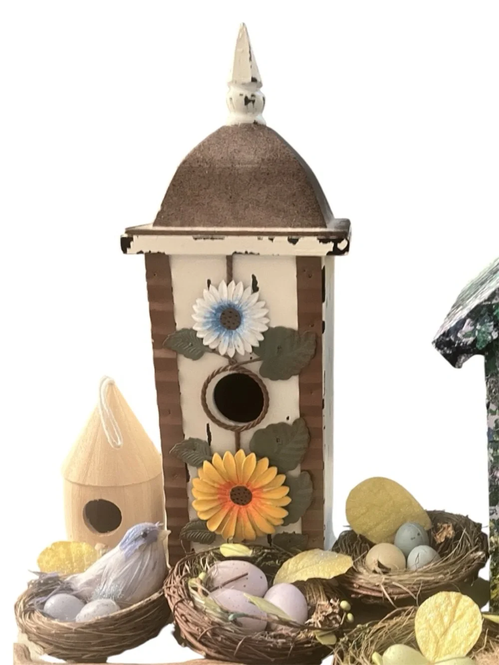 Decorative White and Brown Hollow Floral Birdhouse with Yellow and Blue Accents